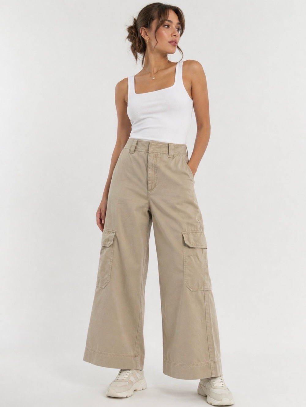 TWiK Organic Cotton Cargo Pants – Beige Wide Leg